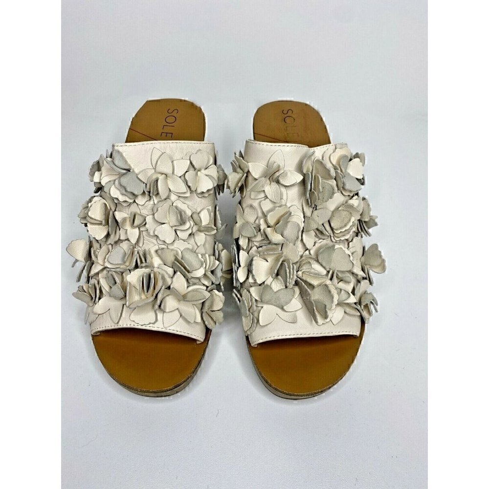 Sole Society Sandals Size 9M Women's So Poppy Leather Slip On Wedge Beige Floral